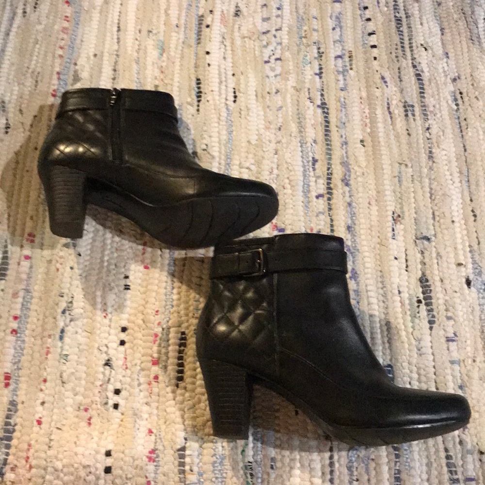 Clarks black leather block heel ankle boots